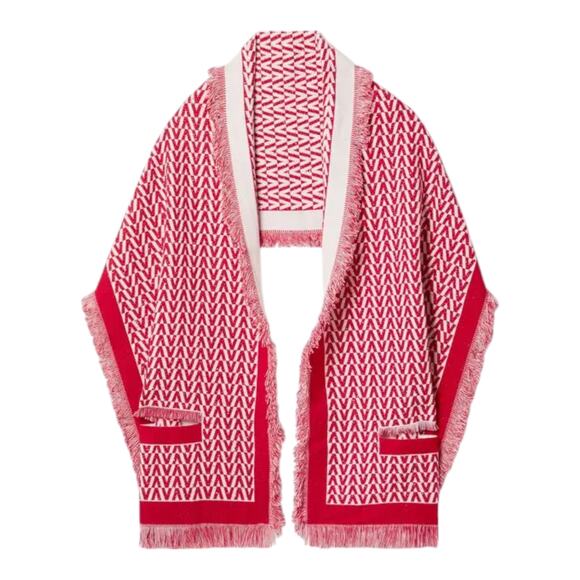 VALENTINO GARAVANI Fringed Wool & Cashmere Blend Jacquard Scarf in Red